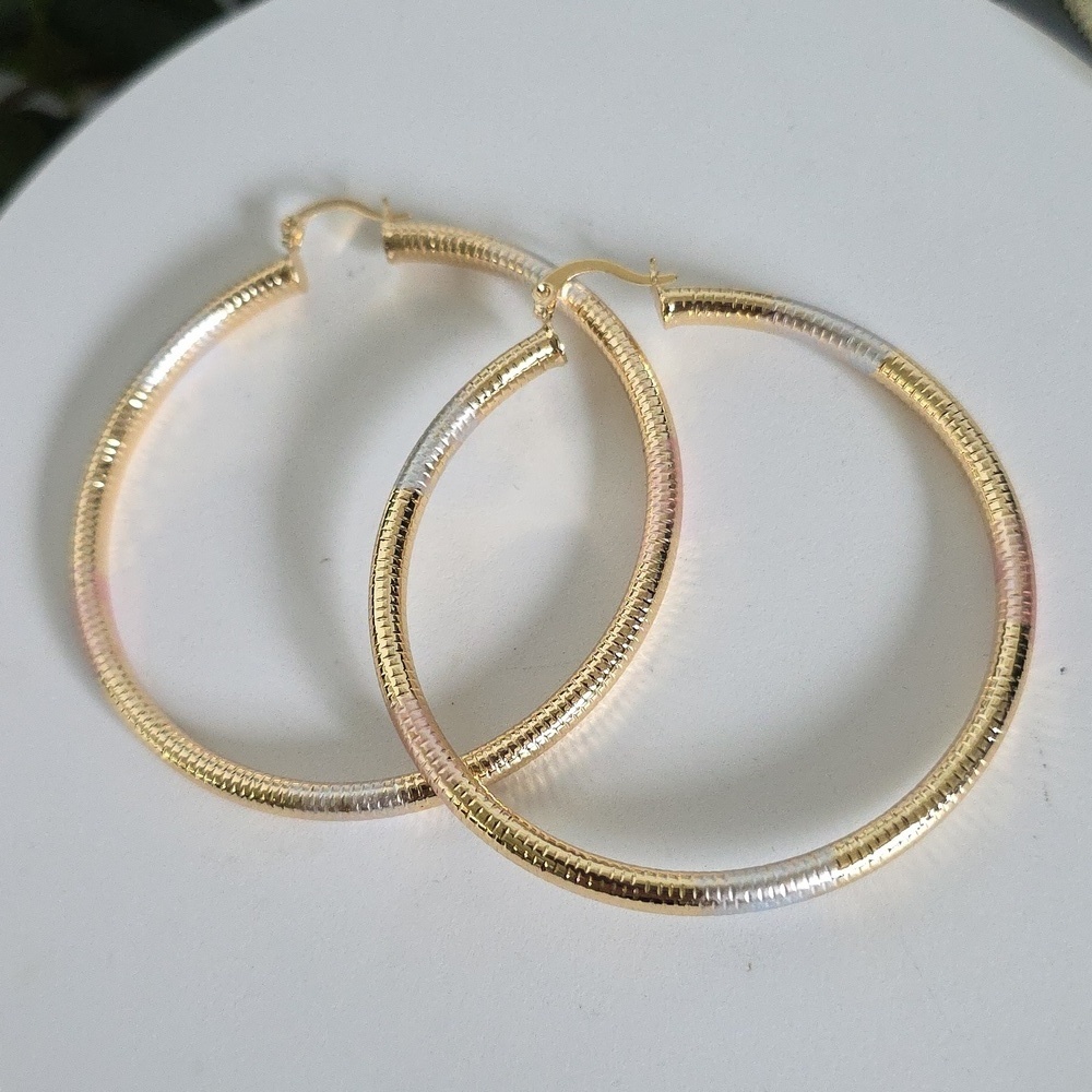 Gold Filled Tricolor Accent Hoop Earrings 2.5"
